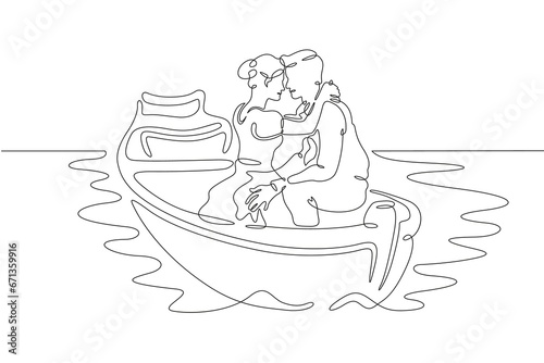 Lovers in a boat. The couple hugs and kisses. Romantic boat ride. One continuous line drawing. Linear. Hand drawn, white background.