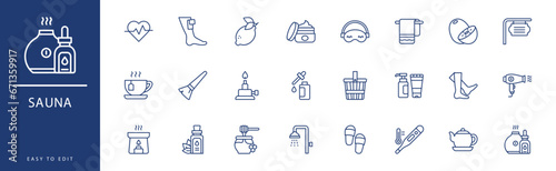 Sauna icon collection. Containing Lotion, Lotus, Mask, Mirror, Mortar, Sandals,  icons. Vector illustration & easy to edit.