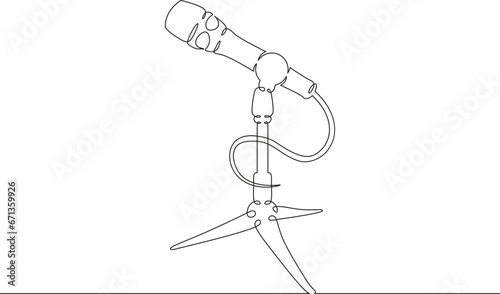 Musical microphone. Sound recording equipment. Microphone symbol. One continuous line drawing. Linear. Hand drawn, white background. One line.