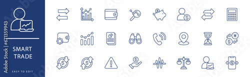 Smart Trade icon collection. Containing Graph, Hourglass, Idea, Line Chart, Location, Loss,  icons. Vector illustration & easy to edit.