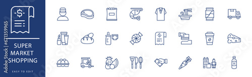 Supermarket shopping icon collection. Containing Instant Food, Kitchen Tools, Meat, Milk, Online Shopping, Payment,  icons. Vector illustration & easy to edit.
