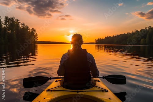 rear view of man kayaking on lake at sunset © Salsabila Ariadina