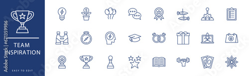 Team Inspiration icon collection. Containing Clipboard, Cogwheel, Communication, Compass, Cup, Diamond,  icons. Vector illustration & easy to edit.