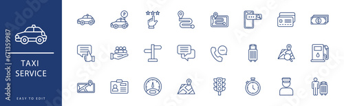 taxi service icon collection. Containing Chat, Credit Card, Customer Support, Customer, Disabled, Driver License, icons. Vector illustration & easy to edit.