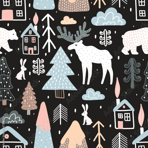 Winter in the Scandinavian forest. Cute kids seamless pattern with houses, animals and trees. Can be used in textile industry, paper, background, scrapbooking.Vector.