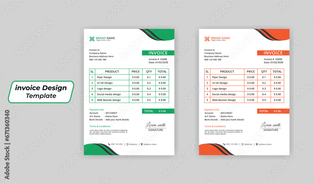 Corporate Business Invoice design template vector, business stationery design payment agreement design template