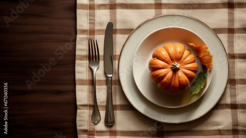 Pumpkin on a plate with fork and knife on a wooden table, top view, thanksgiving concept