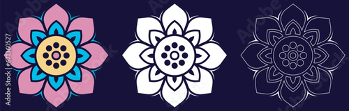 Mandala Pattern Designs in three different styles, floral mandal indian style black and white, colored and outlined vector illustration, hand drawn indian traditional and cultural
