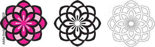 Mandala Pattern Designs in three different styles, floral mandal indian style black and white, colored and outlined vector illustration on white background, hand drawn indian traditional and cultural