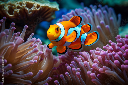 A colorful underwater ballet  Clownfish navigating the vibrant coral reef tapestry © Saran