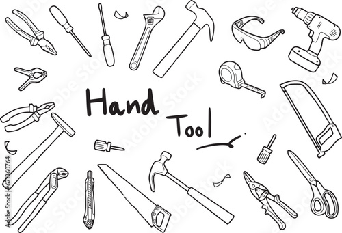 Vector hand drawn black lines on a white background, clearly separated carpentry equipment, craftsman, handicrafts, basic essential equipment of a carpenter, clean lines.