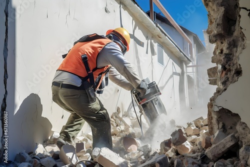 workers demolishing walls disassembling and rearranging with sledgehammers