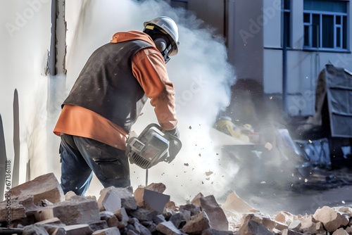 workers demolishing walls disassembling and rearranging with sledgehammers