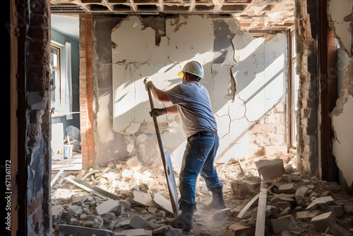 workers demolishing walls disassembling and rearranging with sledgehammers