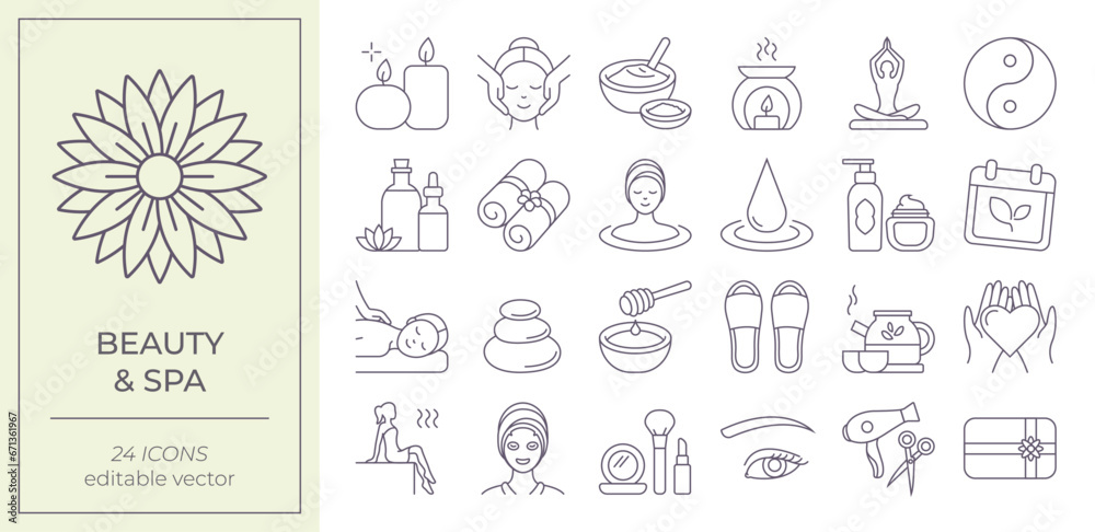 Beauty & SPA icons set. Vector Editable lines. Set of items and accessories for relaxing. Beauty & SPA icons set. Vector Editable lines. Set of items and accessories for relaxing.