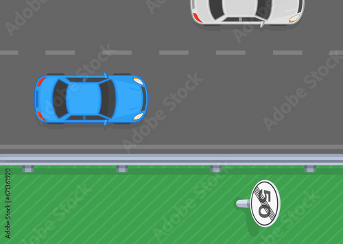 Safe driving tips and traffic regulation rules. Top view of a traffic flow on "End of speed limit sign" area. Flat vector illustration template.