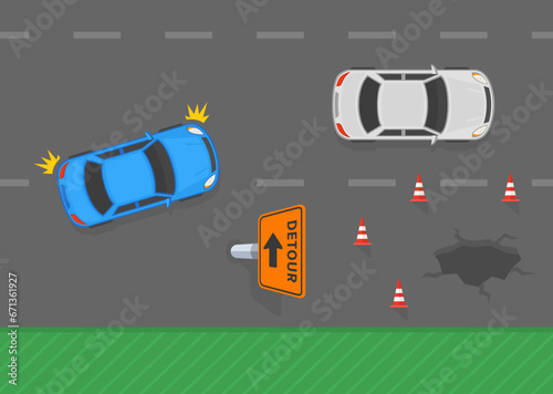 Safe driving tips and traffic regulation rules. Top view of a traffic flow and detour sign on the roadway. Flat vector illustration template.
