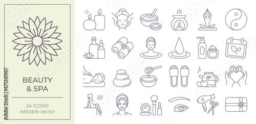Beauty & SPA icons set. Vector Editable lines. Set of items and accessories for relaxing.