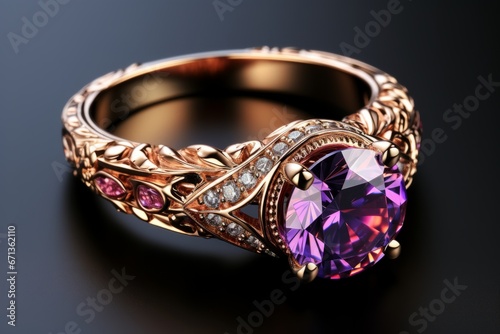 Gold engagement ring with a stunning amethyst gemstone, isolated on a white background, Generative AI