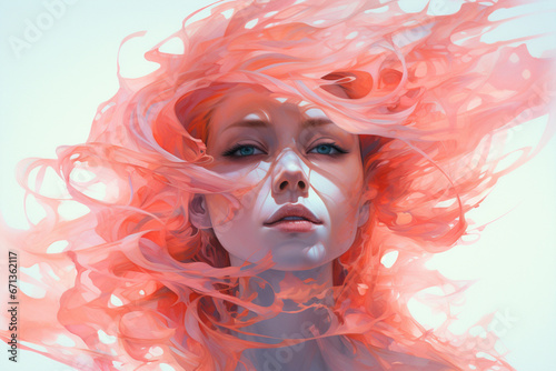 Women With Pink Hair Blowing in the Wind on a White Background