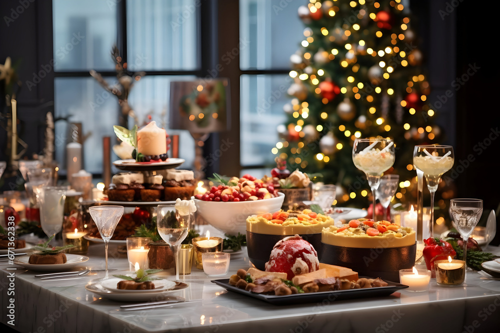 A Christmas Dinner Table Laden with Delectable Dishes and Snacks, Adorned with New Year's Decor and Set Against the Backdrop of a Majestic Christmas Tree Feast of Joy