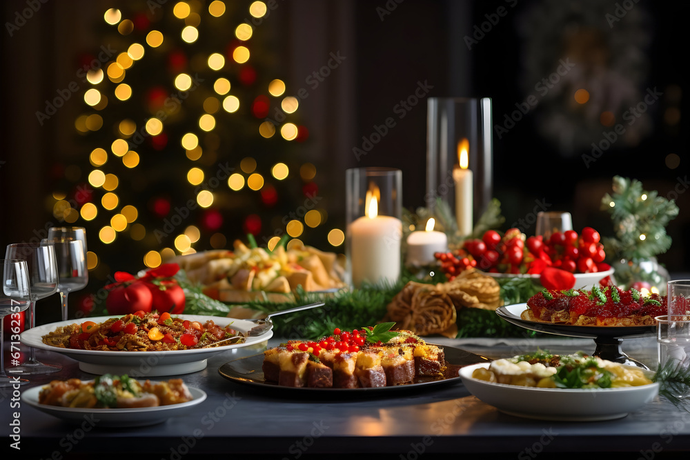 A Christmas Dinner Table Laden with Delectable Dishes and Snacks, Adorned with New Year's Decor and Set Against the Backdrop of a Majestic Christmas Tree Feast of Joy