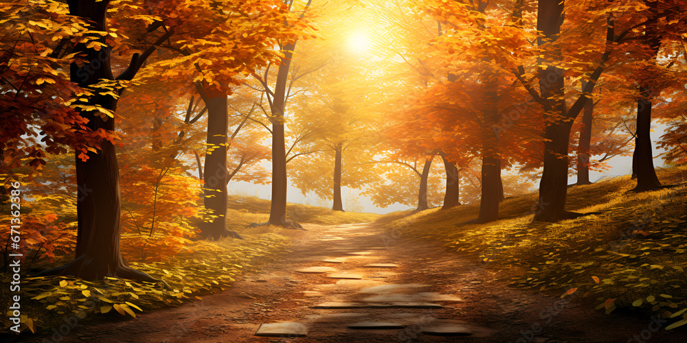 A road in the autumn forest with a road in the background.Nature's Canvas: The Majestic Autumn Forest and Its Sunlit Path
