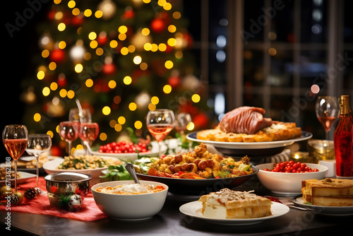 A Christmas Dinner Table Laden with Delectable Dishes and Snacks, Adorned with New Year's Decor and Set Against the Backdrop of a Majestic Christmas Tree Feast of Joy