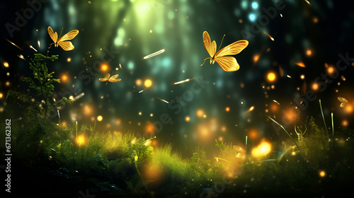 Glowing fireflies lighting up magical fairytale world.Enchanted by Firefly Magic 