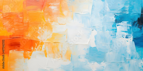 A Closeup of Abstract Rough Colorful Blue, Orange, and Multicolored Art Painting Texture. Created with Expressive Oil Brushstrokes and Palette Knife Paint, Overlaying Square Paper Layers