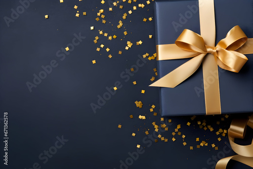 A Dark Blue Gift Box Tied with a Luxurious Gold Satin Ribbon on a Dark Background. Top View of a Birthday Gift with Ample Copy Space, Perfect for Holiday or Christmas Present Gifting Gift of Elegance © Asiri