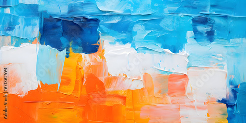 A Closeup of Abstract Rough Colorful Blue, Orange, and Multicolored Art Painting Texture. Created with Expressive Oil Brushstrokes and Palette Knife Paint, Overlaying Square Paper Layers