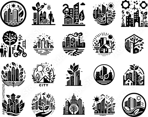 Green City Elements: Eco-Friendly Sustainable Urban Living, eco-city icons and pictograms
