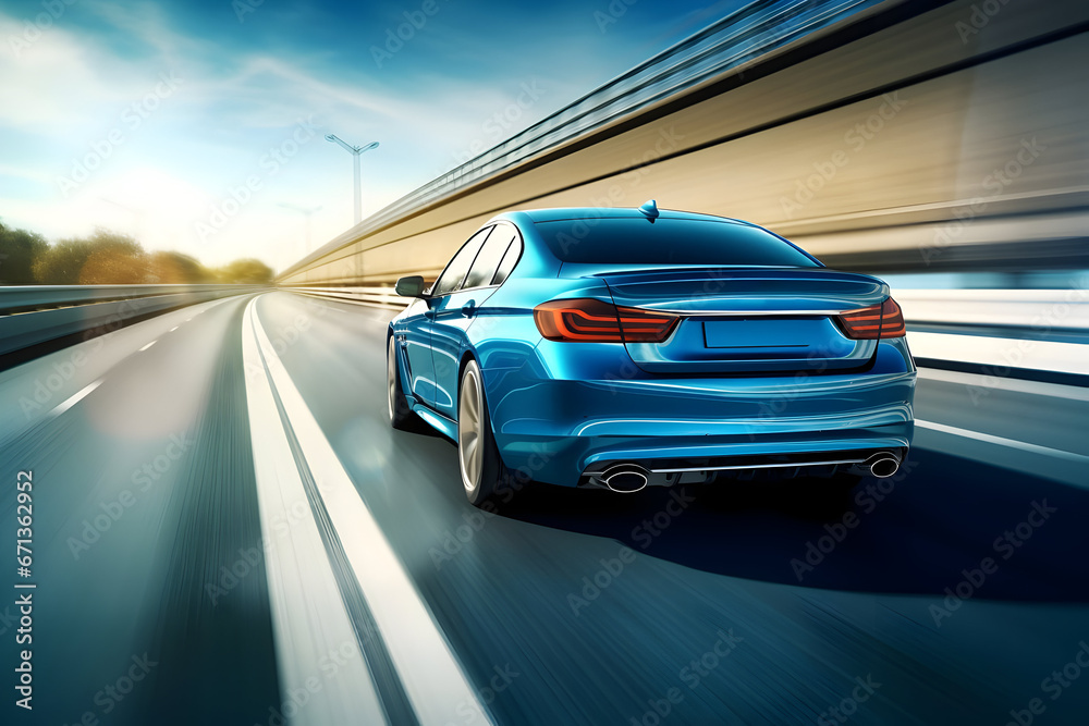 A Rear View of a Blue Business Car Racing Along a High-Speed Highway, Navigating a Sharp Turn with Precision Speeding Through the Curve A Rear View of a Blue Business Car Racing Along a High-Speed Highway, Navigating a Sharp Turn with Precision Speeding Through the Curve