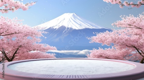 Podium pedestal for product presentation for promote tourism on fuji mountain and sakura blooming background in Japan. photo