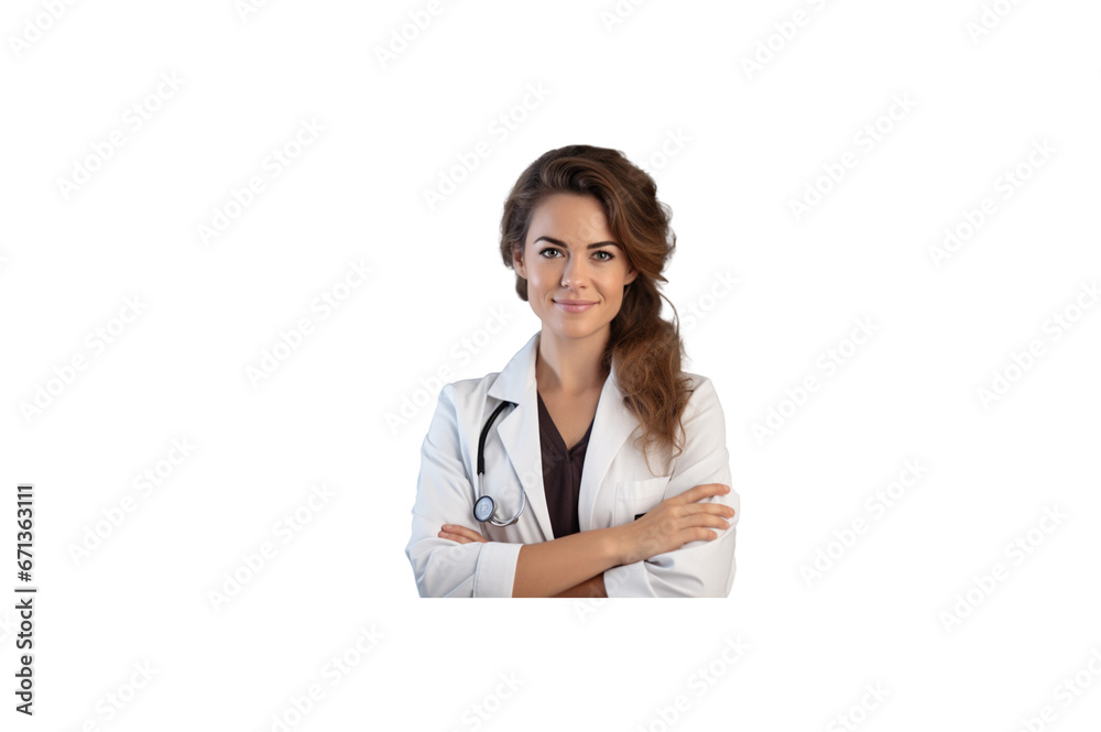 The female doctor stands with her arms crossed and smiles at the camera. transparent background The female doctor stands with her arms crossed and smiles at the camera. transparent background