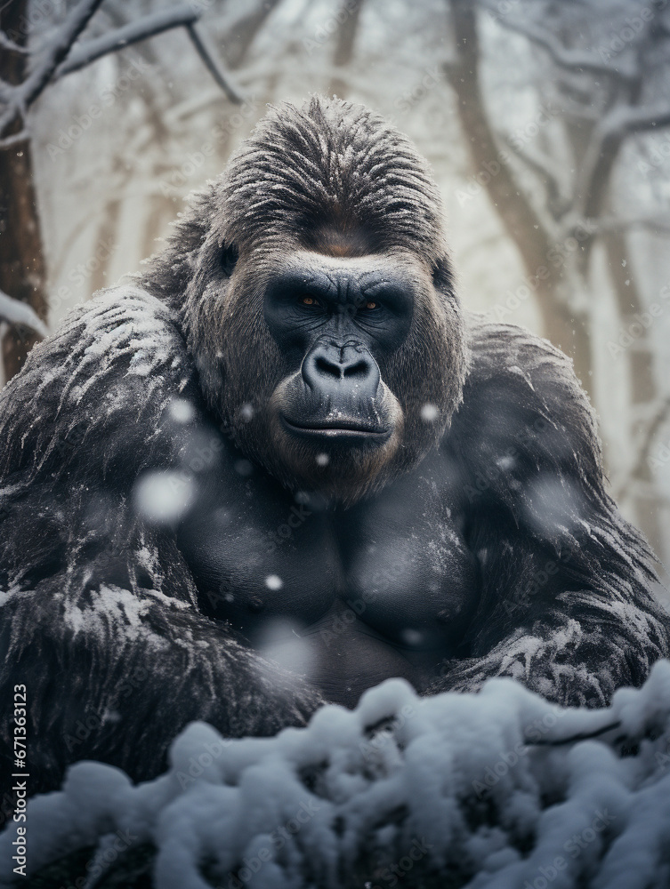 Naklejka premium A Photo of a Gorilla in a Winter Setting