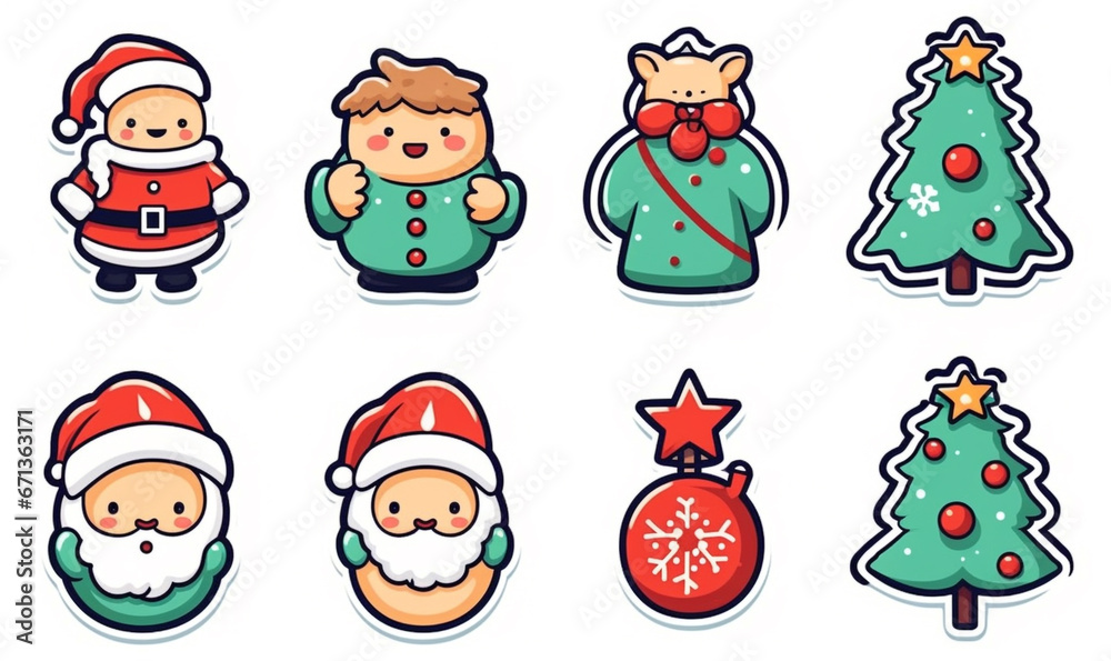 Icon set of Christmas elements. Decoration for New Year, winter holidays. Set of cartoon Christmas icons for greeting card. Stickers with simple background. Icon set of Christmas elements. Decoration for New Year, winter holidays. Set of cartoon Christmas icons for greeting card. Stickers with simple background.