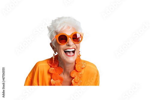 Laughing elderly woman looking at camera transparent background