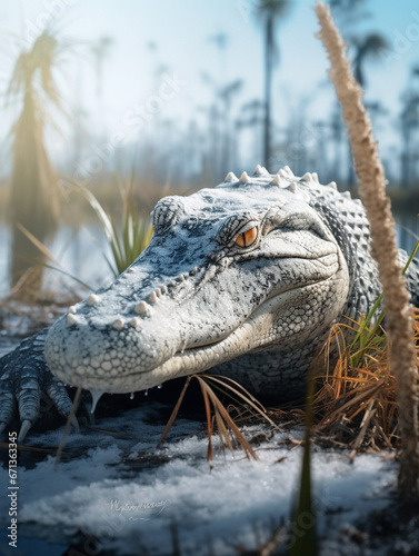 A Photo of an Alligator in a Winter Setting