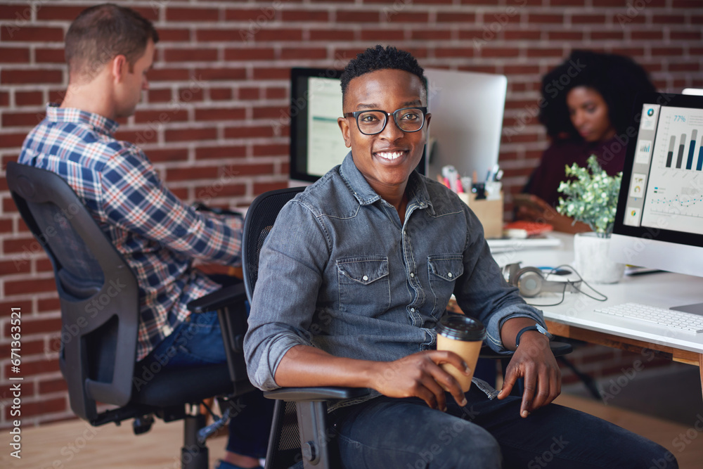 Computer, office portrait and black man at startup tech company for data analysis, digital graphs and chart. Desktop worker, information technology employee or person smile working at workspace desk Computer, office portrait and black man at startup tech company for data analysis, digital graphs and chart. Desktop worker, information technology employee or person smile working at workspace desk