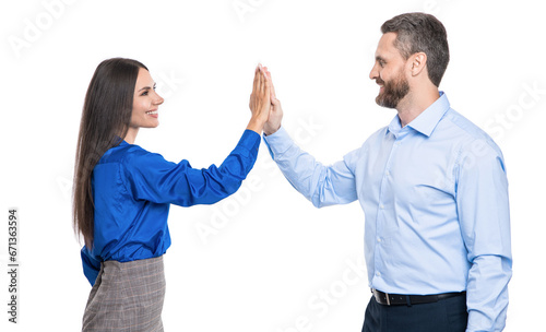 two businesspeople give high five after contract deal. successful agreement in business deal. businesspeople dealing isolated on white. partnership concept. business deal. good deal photo