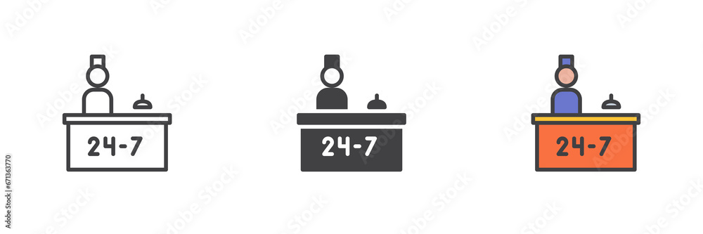 Hotel reception desk different style icon set Hotel reception desk different style icon set