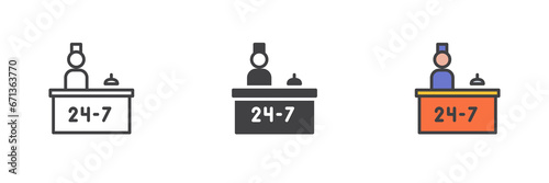 Hotel reception desk different style icon set