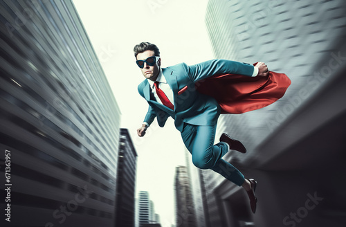 Business person look like superhero flying on sky.strong and confidence concepts.vision of leadership ideas