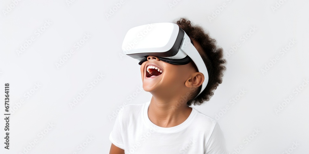 Portrait of happy little boy wearing virtual reality glasses isolated on white background with copy space. Banner template of smiling boy in white VR goggle Portrait of happy little boy wearing virtual reality glasses isolated on white background with copy space. Banner template of smiling boy in white VR goggle