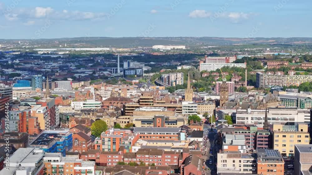 Vista Of City Centre Landmarks In Sheffield, English County of South Yorkshire, England. Aerial Shot Vista Of City Centre Landmarks In Sheffield, English County of South Yorkshire, England. Aerial Shot