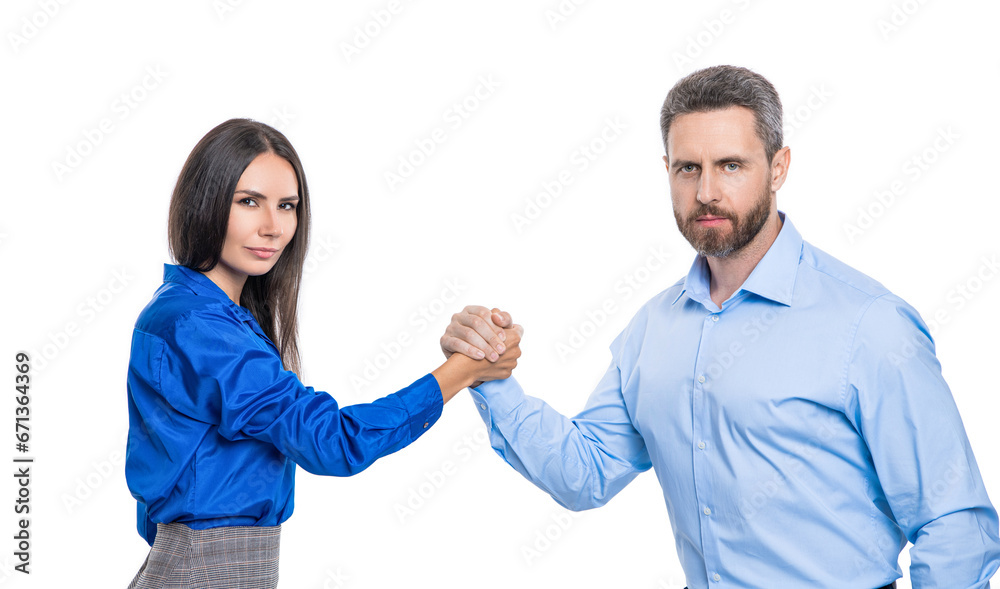 two businesspeople competing in arm wrestling isolated on white. confrontation in office. business competitors doing arm wrestling. competition for leadership. business competition