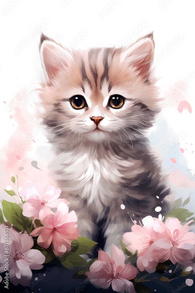 Fototapeta Cute watercolor gray kitty and flowers on a white background. Postcard with animals and flowers.
