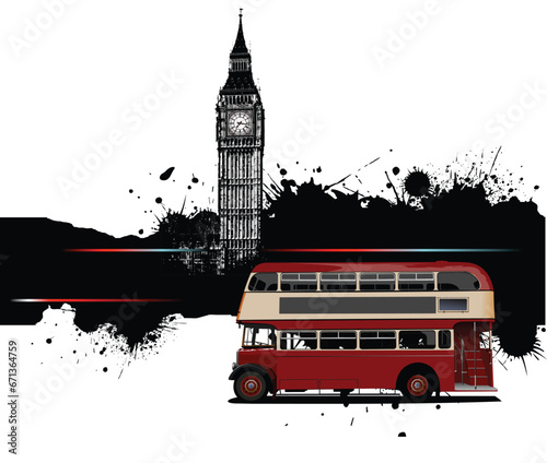 Grunge banner with London and red doubledecker router images. Vector illustration